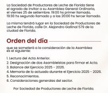 Sociedad de Productores de Leche de Florida convoca a Asamblea General Ordinaria