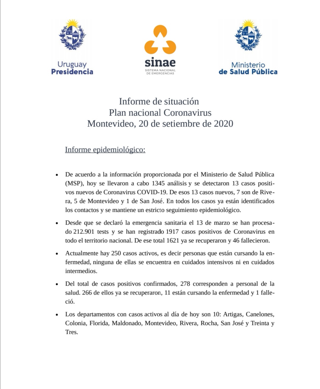 El Sistema Nacional de Emergencia informó que se registraron 13 nuevos casos de COVID-19, y cifra de afectados en todo el país es de 250 personas..jpg