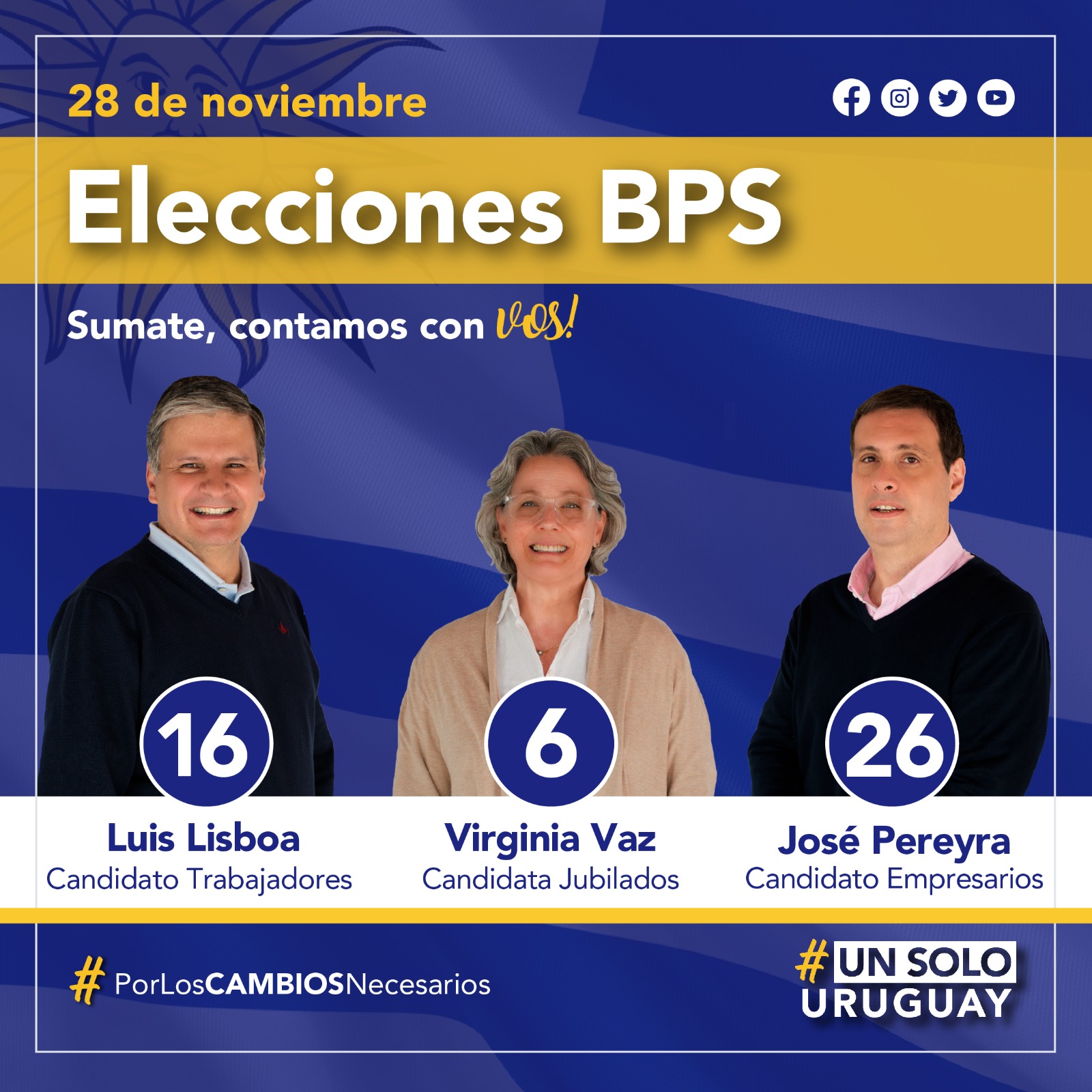 6 16 y 26 son las listas de Un Solo Uruguay para las elecciones del BPS