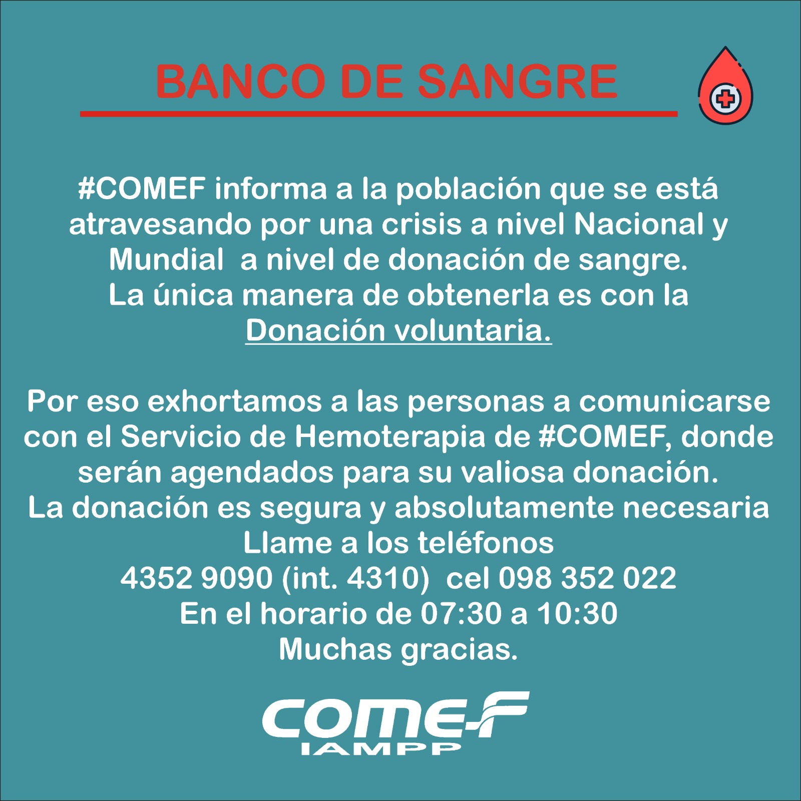 COMEF convoca a la población a donar sangre