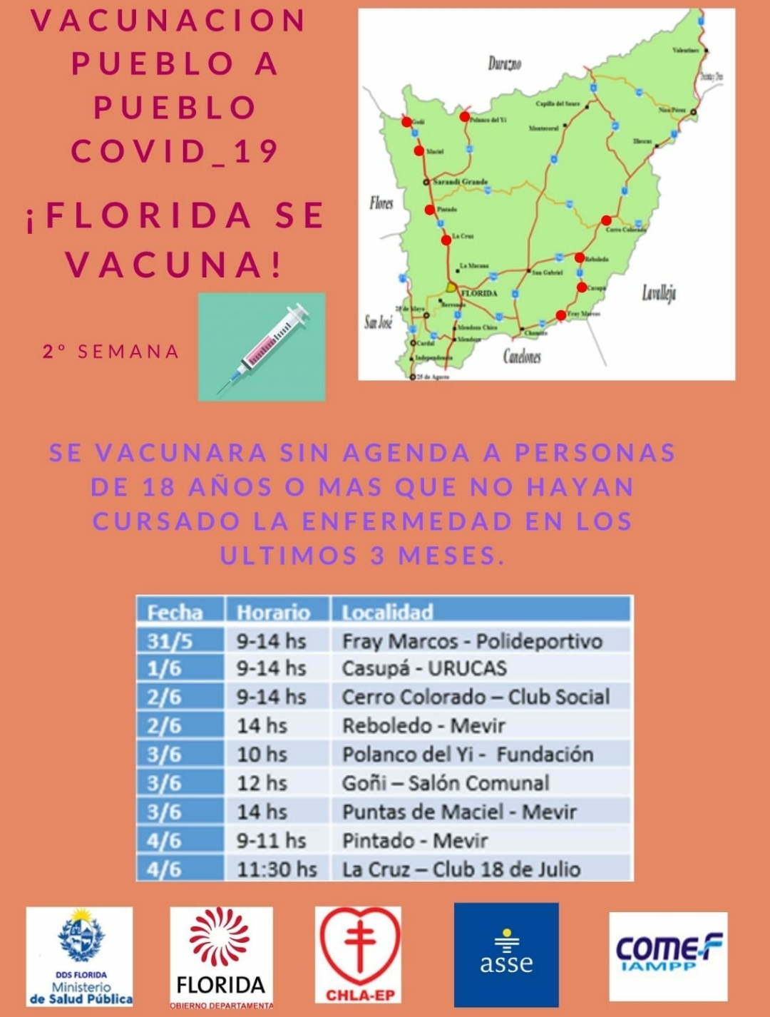 Cronograma de la segunda semana del plan de vacunación Pueblo a Pueblo
