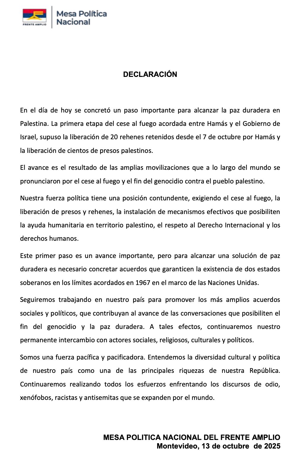 Declaración de la Mesa Política sobre primera etapa del cese al fuego acordada entre Hamás y el Gobierno de Israeljpeg