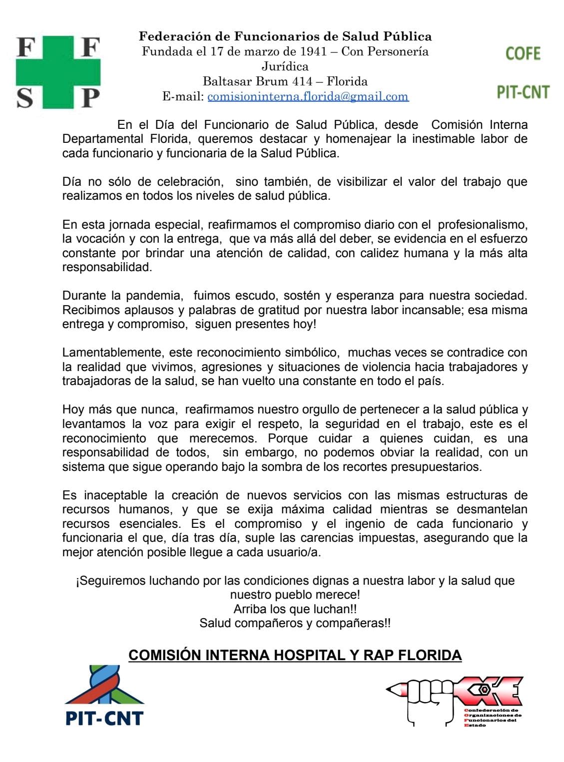 Dia del Funcionario de la Salud Pública Comisión Interna de la FFSP emite comunicado