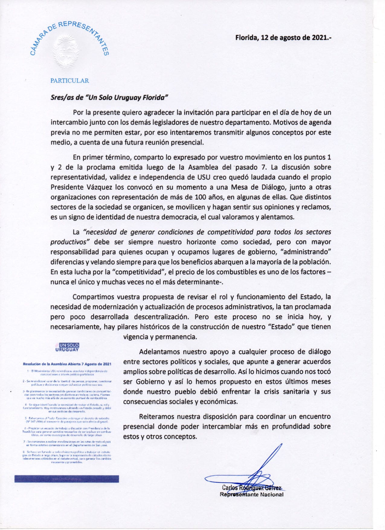 Diputado Rodríguez Gálvez envió nota a Un Solo Uruguay