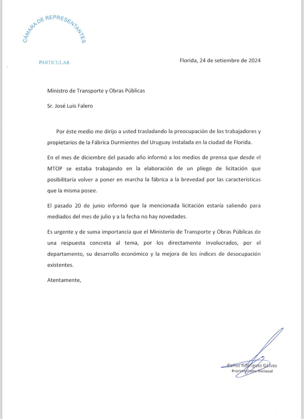 Diputado Rodríguez Gálvez envió nota al MTOP por situación de la fábrica de durmientes
