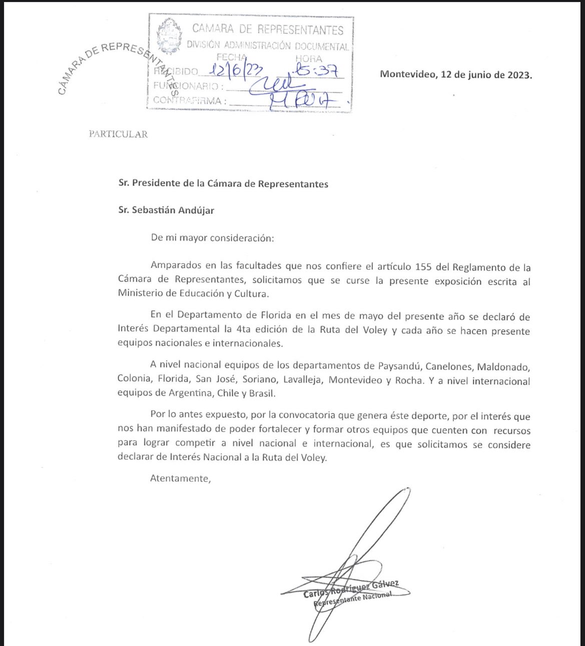 Diputado Rodríguez Gálvez propone que Ruta del Voley sea considerada de interés nacional
