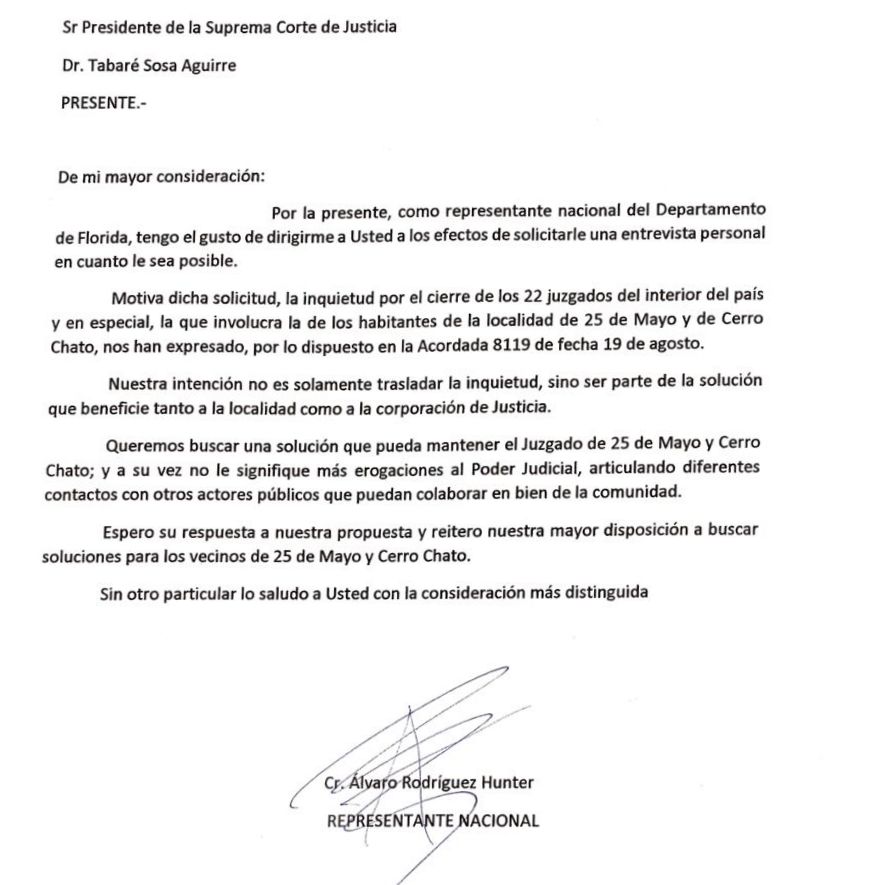 Diputado Rodríguez Hunter envió nota al presidente de la SCJ por cierre de Juzgados de 25 de Mayo y Cerro Chato