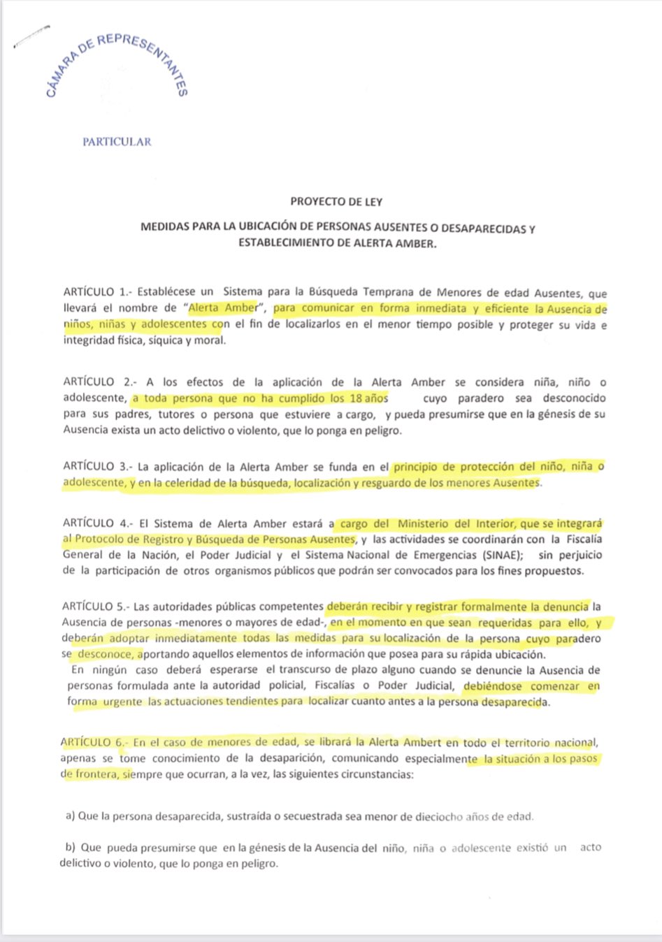 Diputado Rodríguez Hunter presentó Proyecto de Ley para aplicar en Uruguay en sistema Alerta Amber