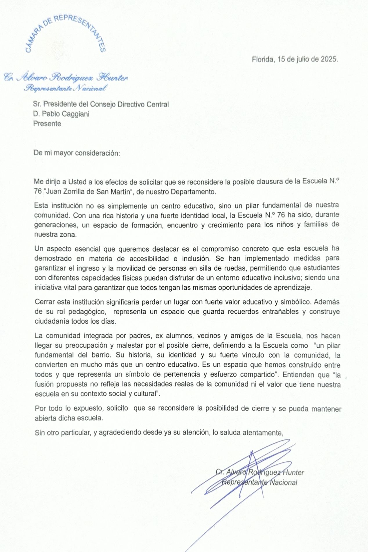Diputado Rodríguez Hunter solicita que se reconsidere la posible clausura de la Escuela N.º 76