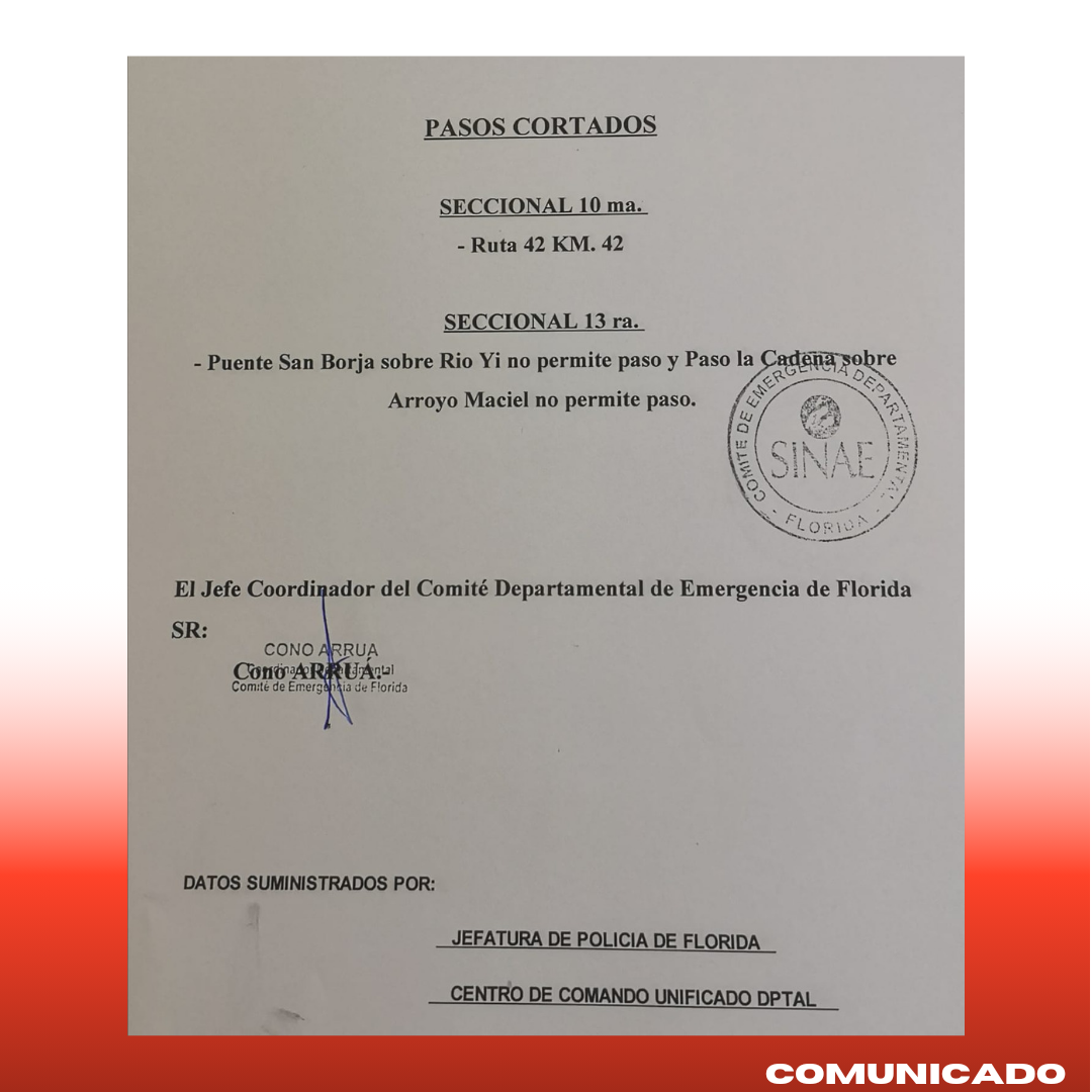 El CECOED emitió informe actualizado de pasos cortados en el departamento 14 09 23