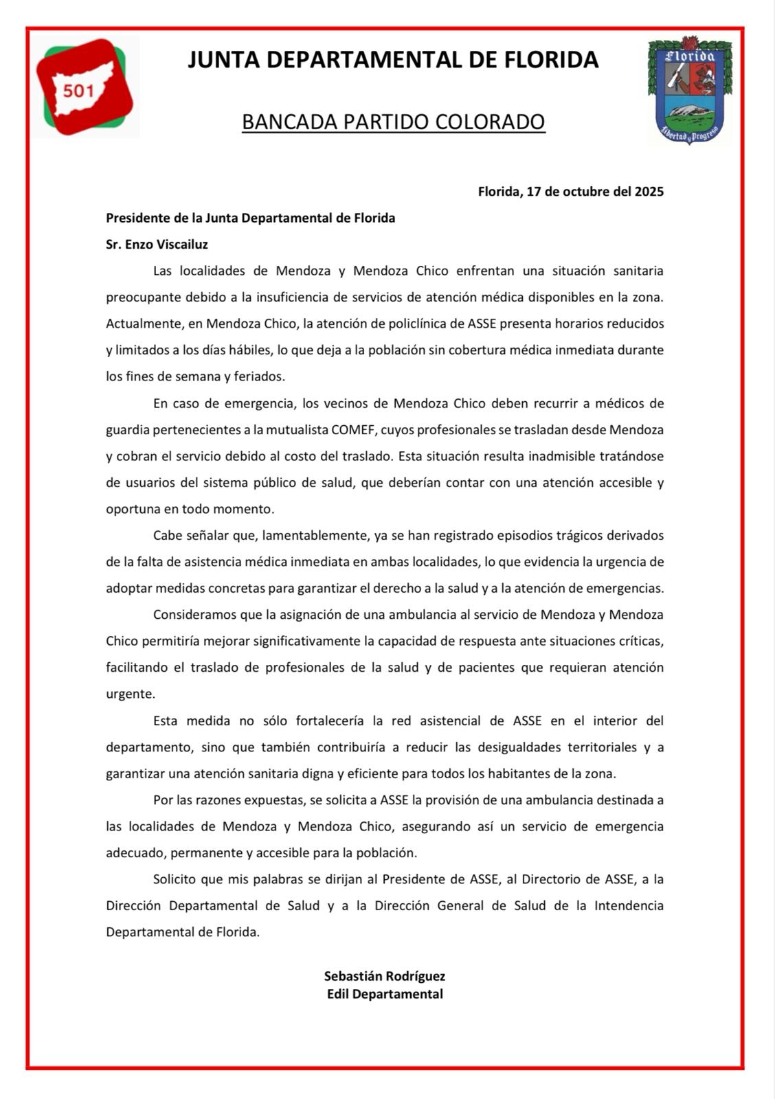 El edil Sebastián Rodríguez solicitó a ASSE una ambulancia para las Mendozas