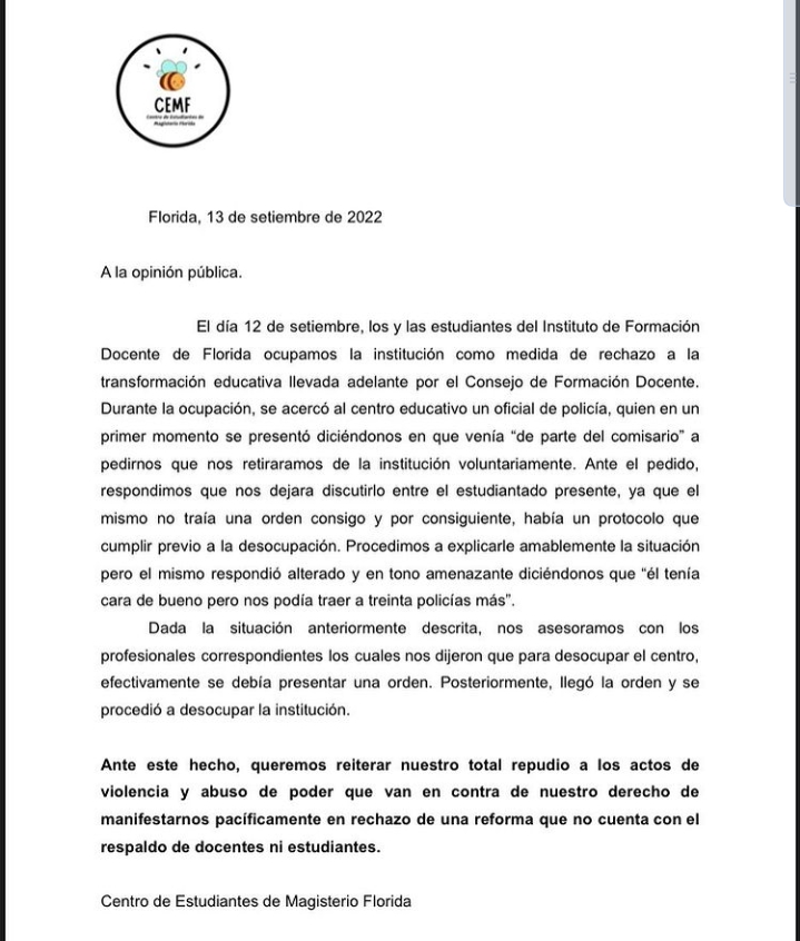 Estudiantes agremiados de Magisterio de Florida rechazan proceder policial en operativo de desalojo