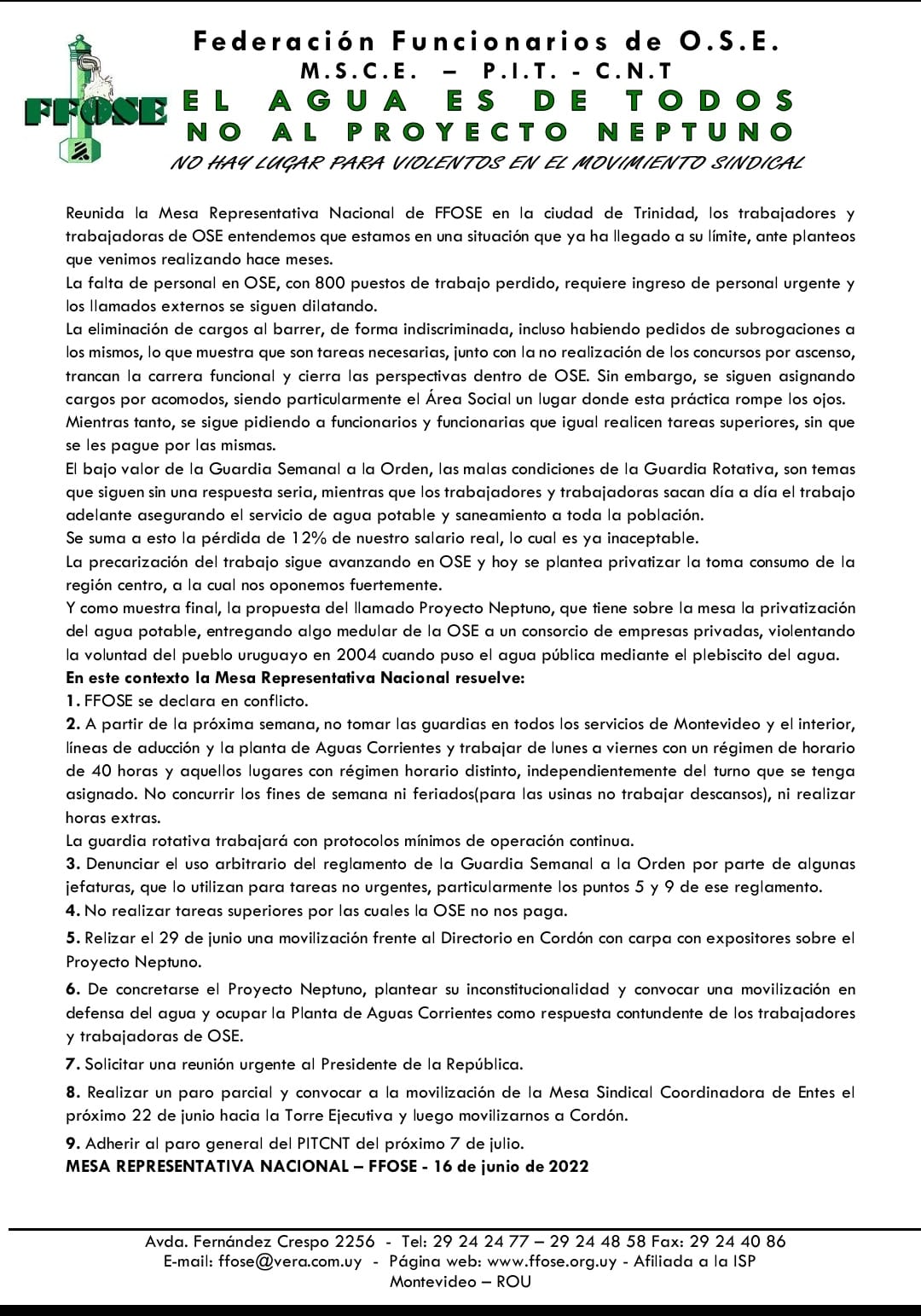 FFOSE en conflicto si se concreta proyecto Neptuno ocuparán planta de Aguas Corrientesjpg