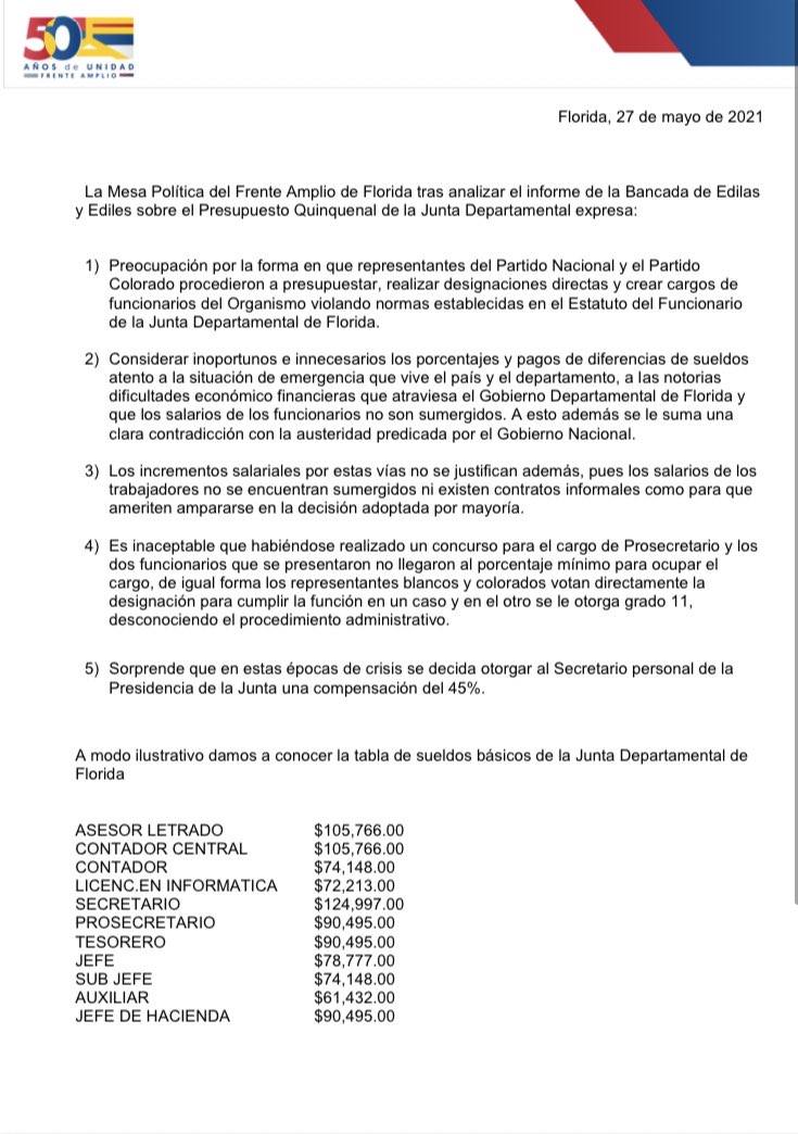Frente Amplio de Florida preocupado por los números del presupuesto de la Junta Departamental