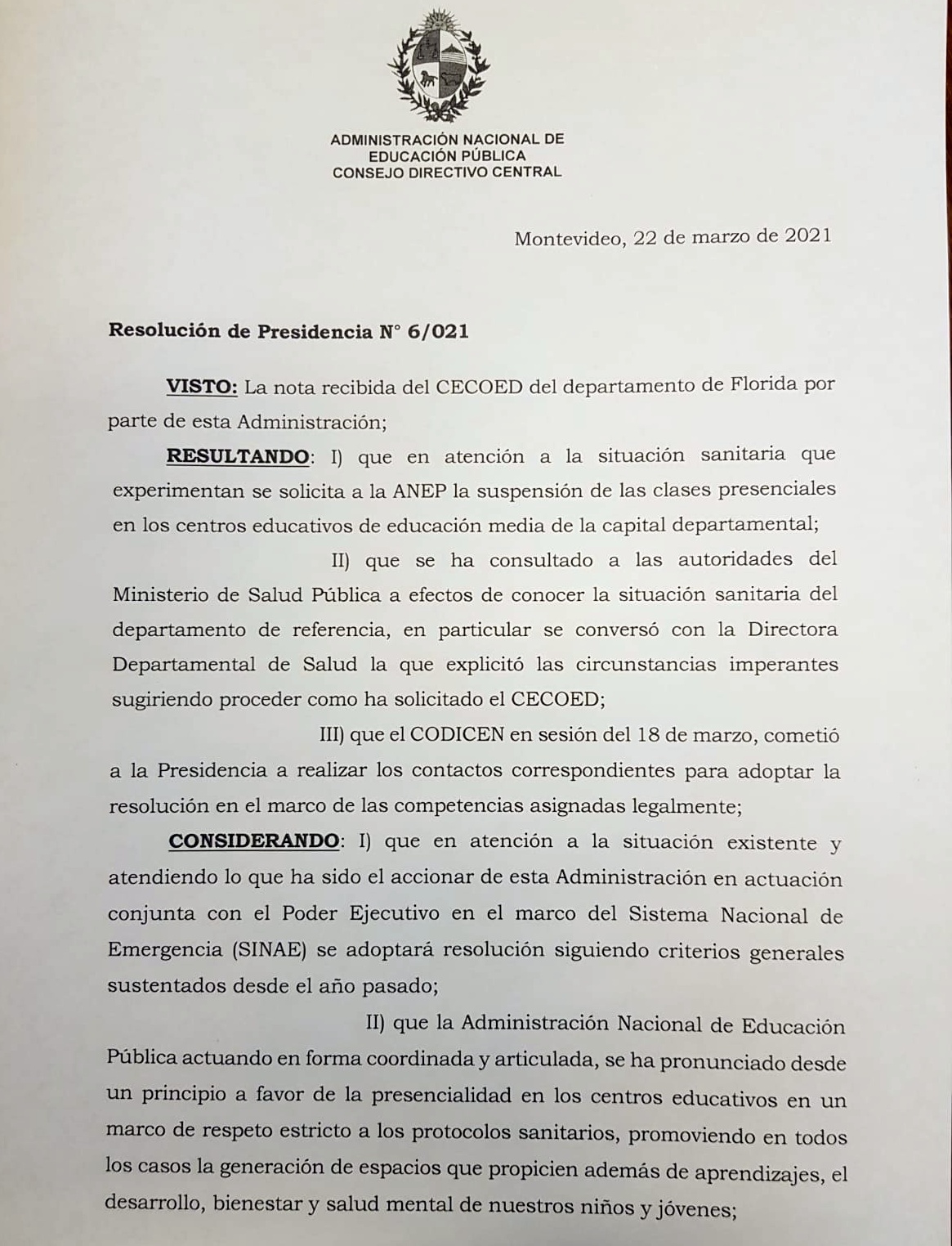 Se suspenden clases presenciales en Educación Media de la ciudad de Floridajpg
