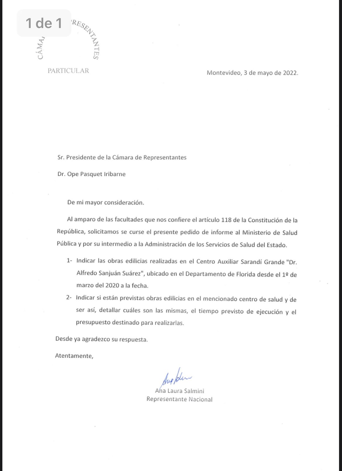 Laura Salmini presentó pedidos de informes al MSP y MVOT