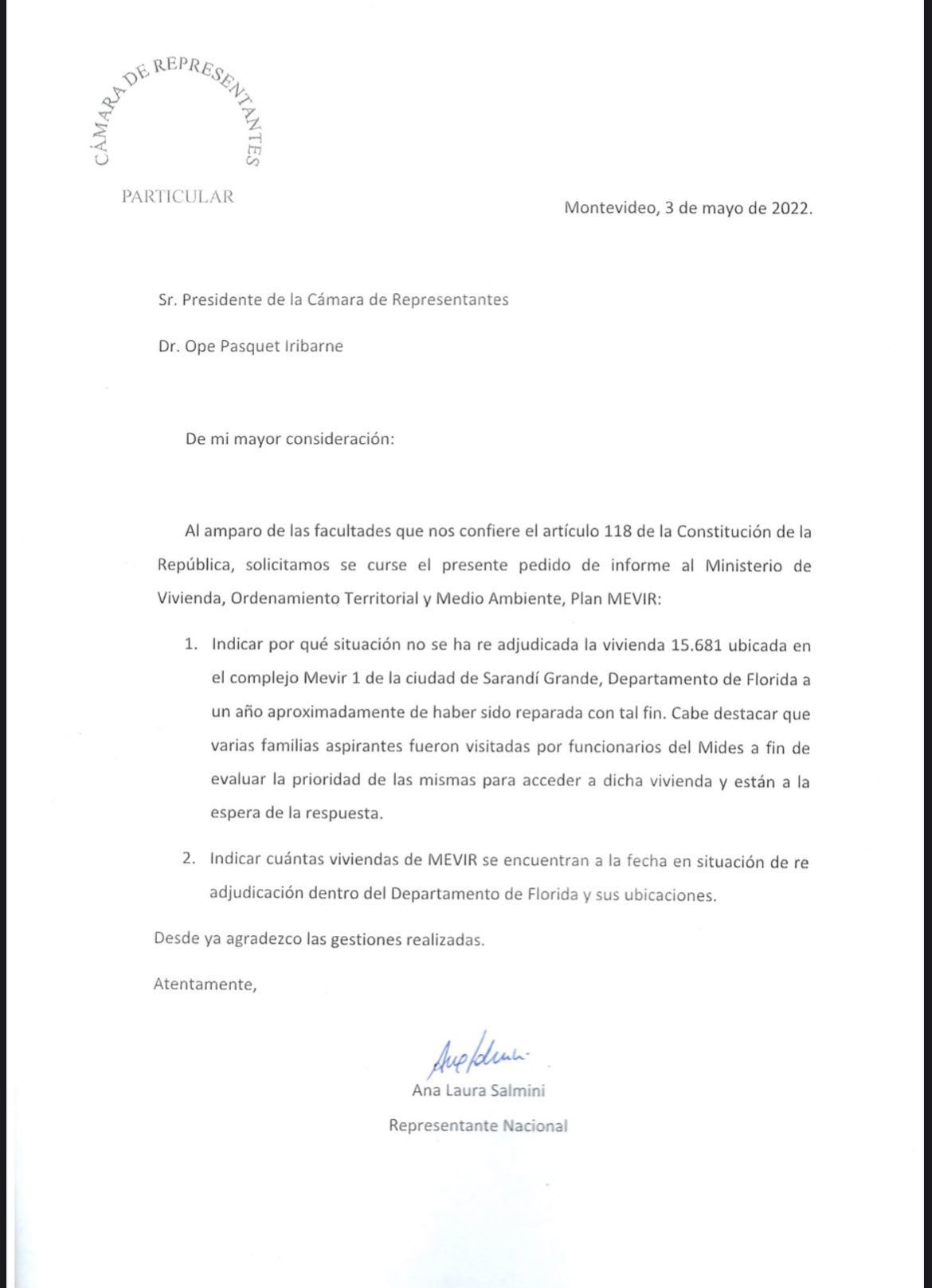 Laura Salmini presentó pedidos de informes al MSP y MVOT 2