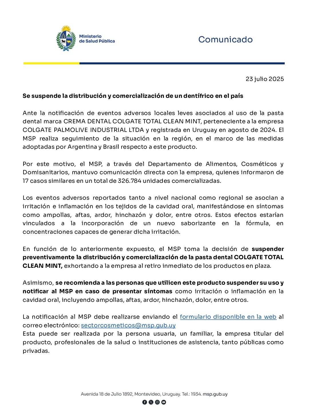 MSP retira del mercado pasta de dientes Colgate Total