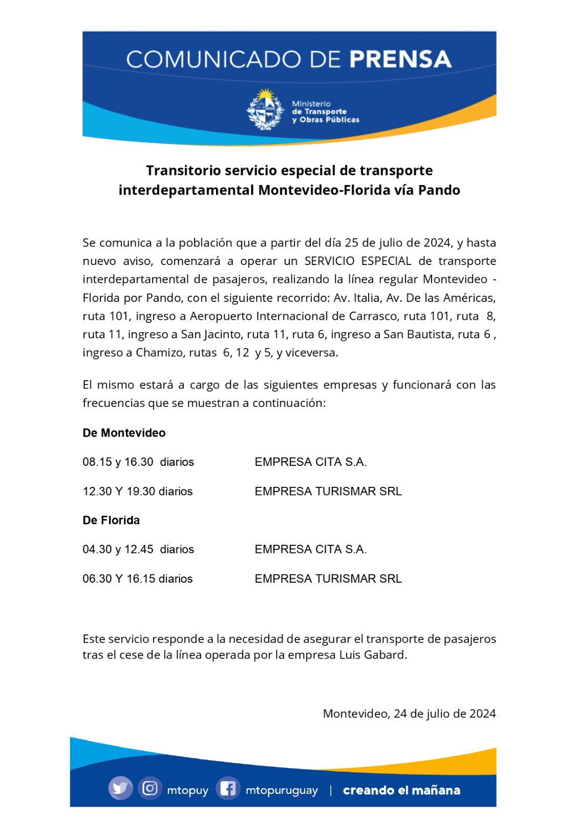 MTOP llegó a un acuerdo con Turismar y Cita para cubrir de forma transitoria el servicio que realizaba empresa Gabard