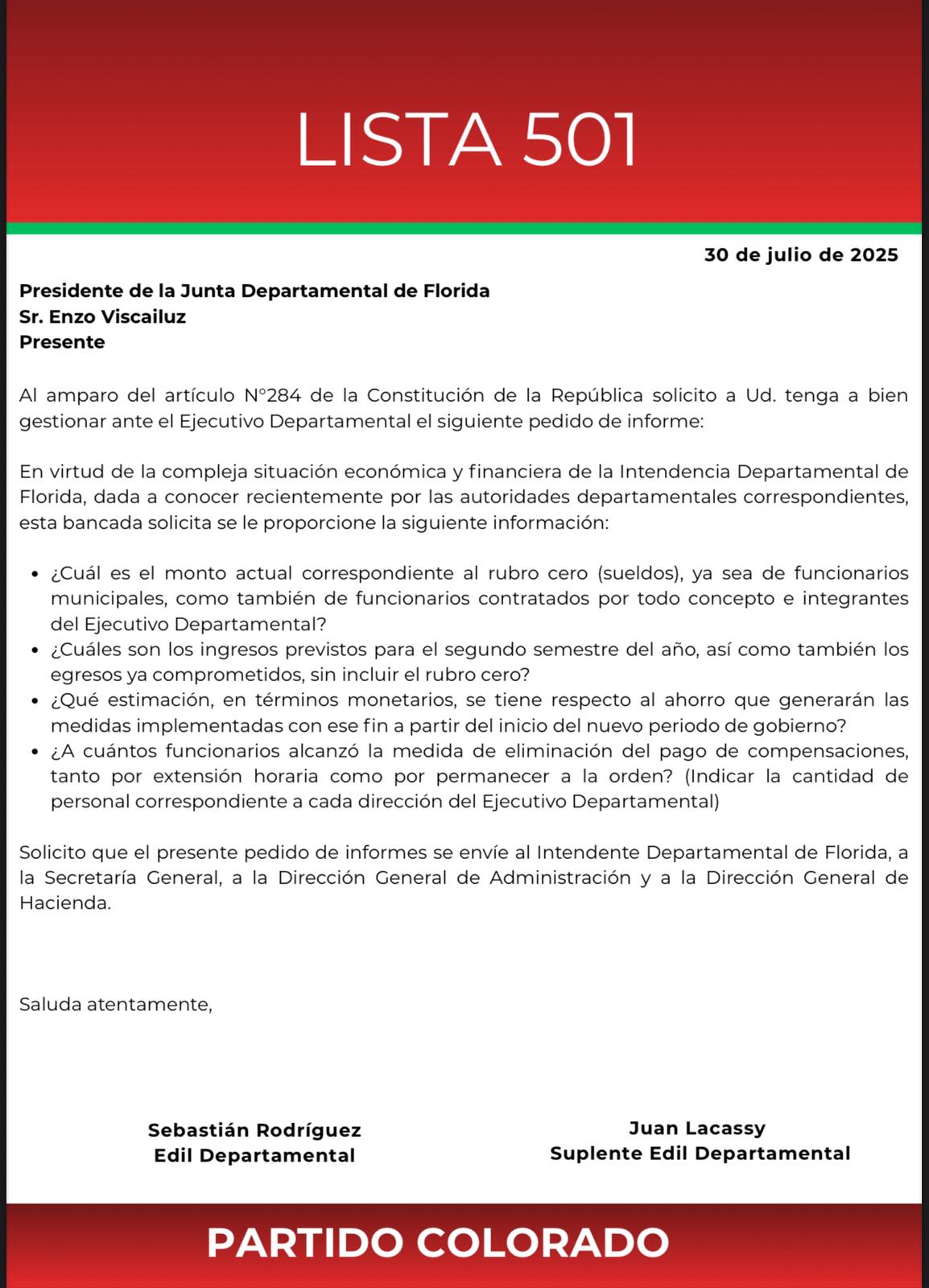 Retiro incentivado y situación financiera Ediles de la lista 501 realizan pedido de informes a la Intendencia