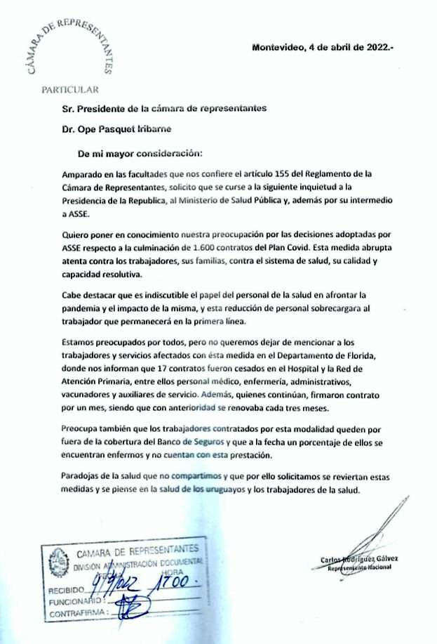 Rodríguez Gálvez trasladó inquietud al Parlamento por la no renovación de contratos en ASSE