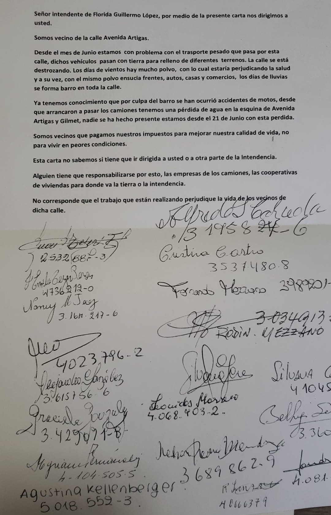 Vecinos de la Avenida Artigas envían carta al Intendente por circulación de transporte pesado