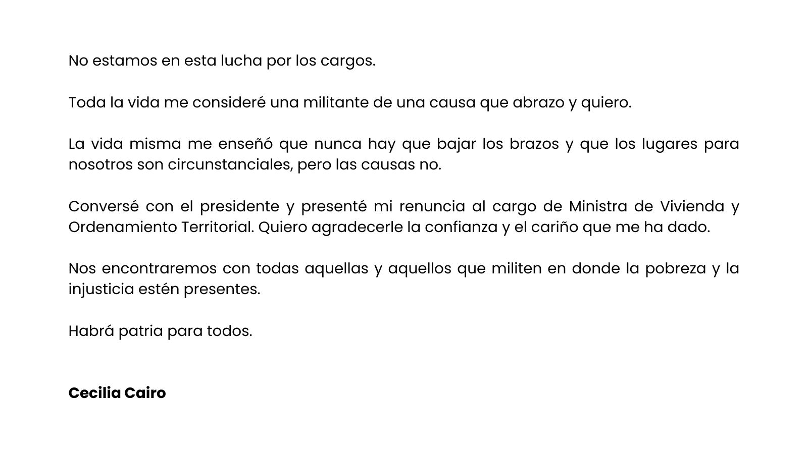 comunicado de cecilia cairo