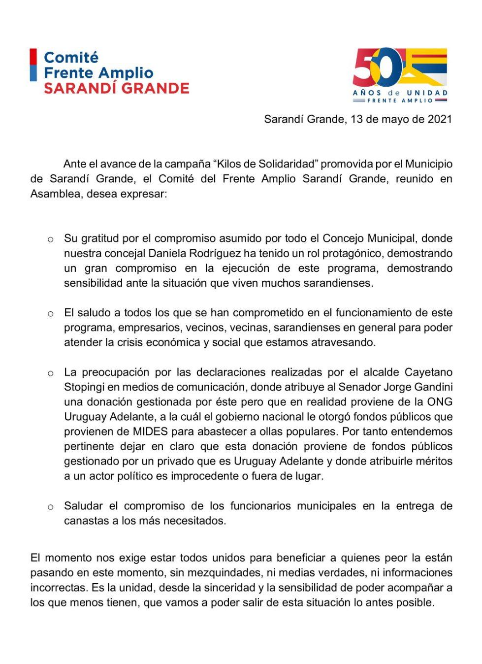 Frente Amplio de Sarandí destaca el compromiso en la campaña Kilos de solidaridad